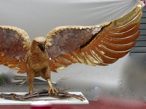 1970' Lampe A L'Aigle  Avec Ailes Déployées En Bronze Ornées De Mica Violet Style Duval Brasseur Éclairante Signée Isabelle Faure 2m30 D'Envergure – Image 16
