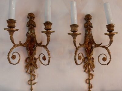 1880' Paire d'Appliques En Bronze Enfants Jouant Des 2 Trompettes Modèle de Jean HAURE