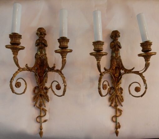 1880' Paire d'Appliques En Bronze Enfants Jouant Des 2 Trompettes Modèle de Jean HAURE – Image 16
