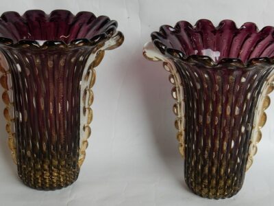 1970 'Pair of Vases Or Similar - Murano Crystal Violine and Gold - Signed Toso H 32 cm