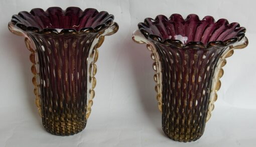 1970 'Pair of Vases Or Similar - Murano Crystal Violine and Gold - Signed Toso H 32 cm