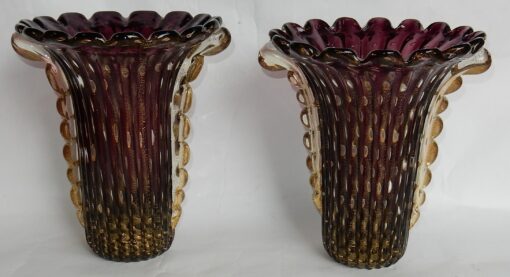 1970 'Pair of Vases Or Similar - Murano Crystal Violine and Gold - Signed Toso H 32 cm - Image 5