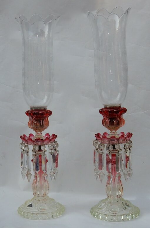 1950/70 Pair of Opalescent Crystal Candlesticks And Red Baccarat Candle Holders Signed
