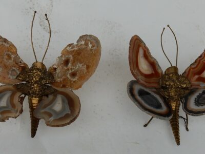 1970′Pair Of Sconces Butterfly Duval Brasseur Or Isabelle Faure With Agate Wings 20 X H 26 CM