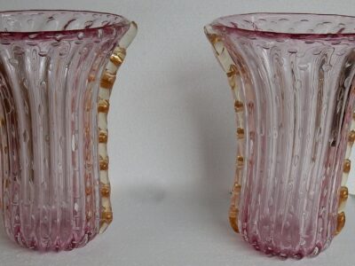1970′ Paire de Vases Ou Similaires Cristal Murano Rose et Or Signés Toso H 34 cm