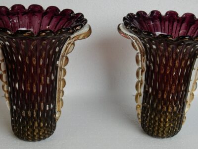 1970′ Paire de Vases Cristal Murano Violine et Or Signés Toso H 31 cm
