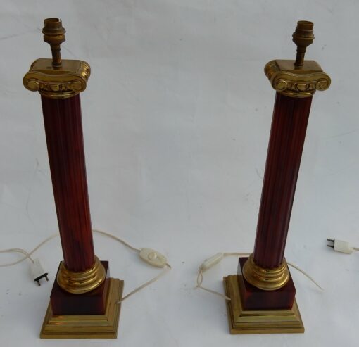 1950/70 Pair Of Maison Jansen Lamps, Brass and Bakelite, Amber Color - Image 4