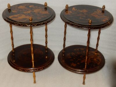 1950/70 'Pair of Pedestal Maison Bagués Decor Bamboo in Gilt Bronze With Chinese Lacquer Trays