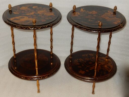 1950/70 'Pair of Pedestal Maison Bagués Decor Bamboo in Gilt Bronze With Chinese Lacquer Trays