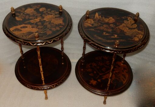 1950/70 'Pair of Pedestal Maison Bagués Decor Bamboo in Gilt Bronze With Chinese Lacquer Trays - Image 9