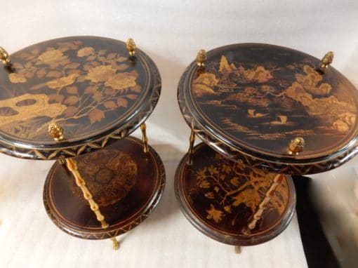 1950/70 'Pair of Pedestal Maison Bagués Decor Bamboo in Gilt Bronze With Chinese Lacquer Trays - Image 7