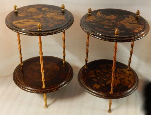 1950/70 'Pair of Pedestal Maison Bagués Decor Bamboo in Gilt Bronze With Chinese Lacquer Trays - Image 4