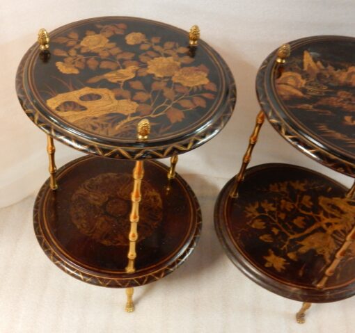 1950/70 'Pair of Pedestal Maison Bagués Decor Bamboo in Gilt Bronze With Chinese Lacquer Trays - Image 3