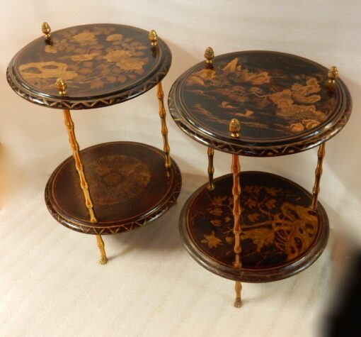 1950/70 'Pair of Pedestal Maison Bagués Decor Bamboo in Gilt Bronze With Chinese Lacquer Trays - Image 2