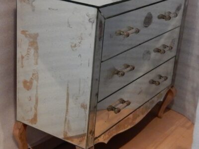 1940/50′ Commode Art Déco Miroir Vintage 3 Tiroirs 6 Poignées Verre 89 x 38 cm