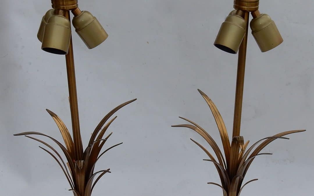 1950/70 Paire de Lampes Aux Roseaux en Laiton et Bronze Doré Signées Charles