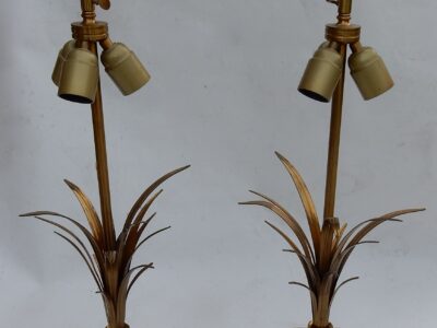 1950/70 Pair of Reed Lamps in Brass and Gilt Bronze Signed Charles