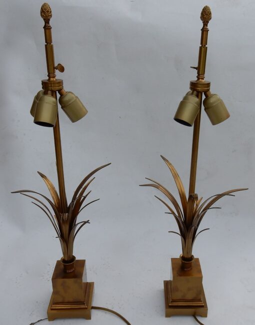 1950/70 Pair of Reed Lamps in Brass and Gilt Bronze Signed Charles