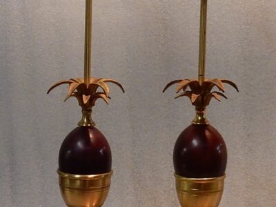 1970' Pair Bronze  In The Style Of Maison Charles Lamps With Amber Color Bakelite Egg