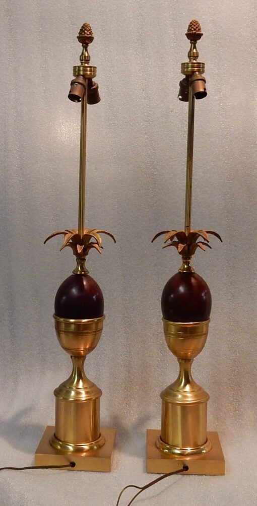 1970' Pair Bronze  In The Style Of Maison Charles Lamps With Amber Color Bakelite Egg