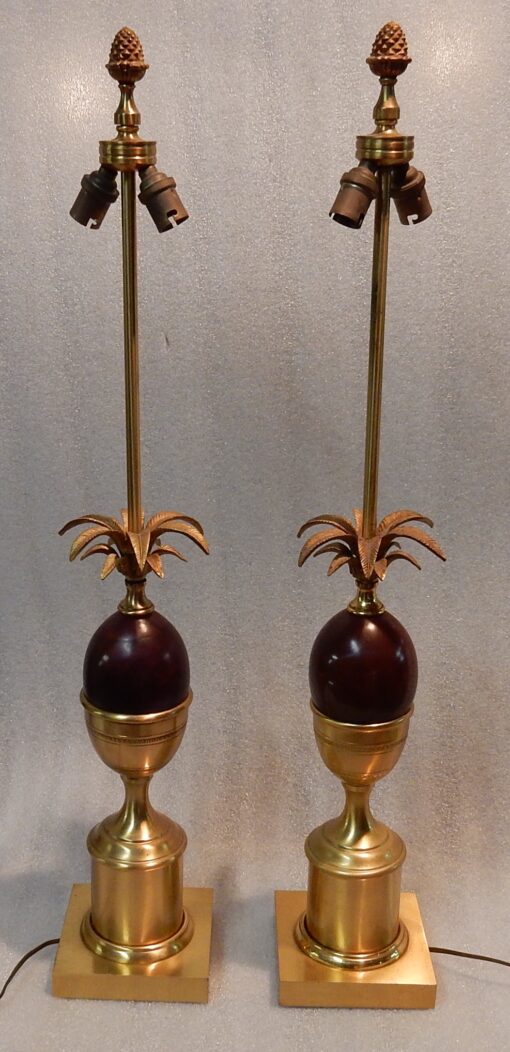 1970' Pair Bronze  In The Style Of Maison Charles Lamps With Amber Color Bakelite Egg - Image 8