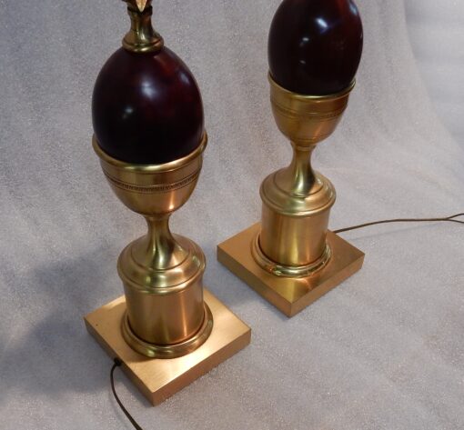 1970' Pair Bronze  In The Style Of Maison Charles Lamps With Amber Color Bakelite Egg - Image 3