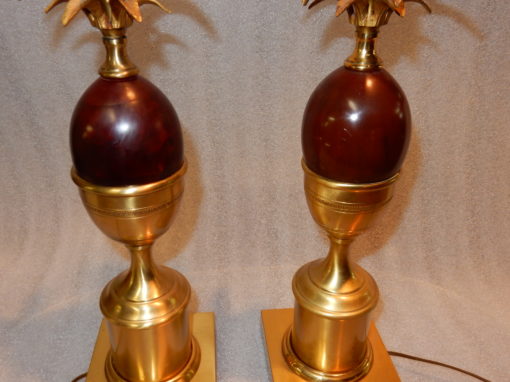 1970' Pair Bronze  In The Style Of Maison Charles Lamps With Amber Color Bakelite Egg - Image 2