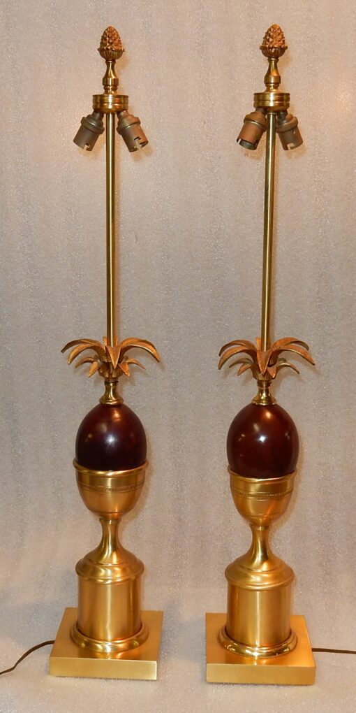 1970' Pair Bronze  In The Style Of Maison Charles Lamps With Amber Color Bakelite Egg - Image 12