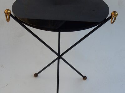 1960/70 ′ Wrought Iron Pedestal Table Brass Ornaments Jacques Adnet Style Diameter 49 cm