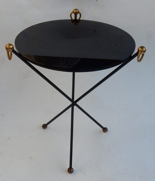 1960/70 ′ Wrought Iron Pedestal Table Brass Ornaments Jacques Adnet Style Diameter 49 cm