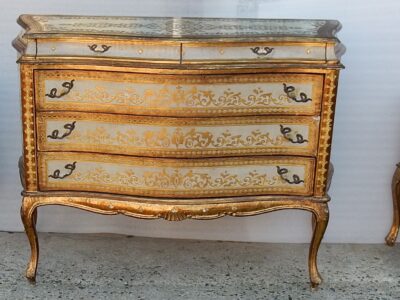 1950/70 ′ Commode Crossbow And Pair Of Bedside Tables 3 Drawers Golden Wood In The Style Of Italian Renaissance 124 X 49 X H 91 cm