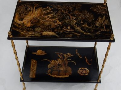 1950′ Table Maison Baguès Décor Bambou en Bronze Doré Avec Plateaux Laque de Chine 60 X 36 H 63 (réservé)
