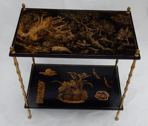 1950′ Table Maison Baguès Décor Bambou en Bronze Doré Avec Plateaux Laque de Chine 60 X 36 H 63 (réservé)