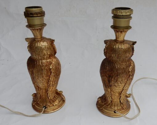 1970' Paire De Lampes à La Chouette Résine Dorée – Image 6