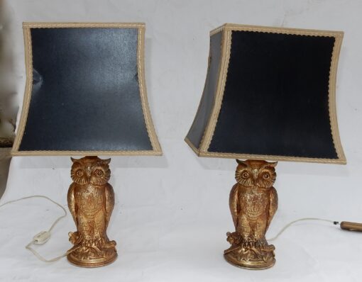 1970' Paire De Lampes à La Chouette Résine Dorée – Image 5