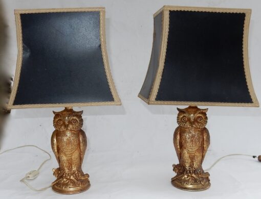 1970' Paire De Lampes à La Chouette Résine Dorée