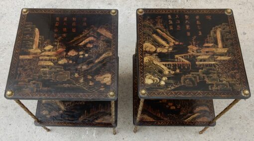 1950 ′ Pair of Maison Baguès Tables with Palm Tree Decor in Gilt Bronze With Chinese Lacquer Trays 36 X 36 X H 54 CM