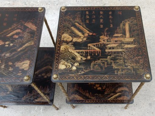 1950 ′ Pair of Maison Baguès Tables with Palm Tree Decor in Gilt Bronze With Chinese Lacquer Trays 36 X 36 X H 54 CM - Image 13