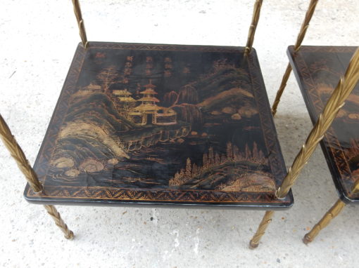 1950 ′ Pair of Maison Baguès Tables with Palm Tree Decor in Gilt Bronze With Chinese Lacquer Trays 36 X 36 X H 54 CM - Image 12
