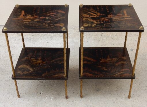 1950 ′ Pair of Maison Baguès Tables with Palm Tree Decor in Gilt Bronze With Chinese Lacquer Trays 36 X 36 X H 54 CM - Image 10
