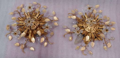 1970 ′ Pair Of Ceiling Lights Or Sconces Decorated With Metal And Glass Leaves Maison Baguès Or Banci