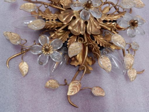 1970 ′ Pair Of Ceiling Lights Or Sconces Decorated With Metal And Glass Leaves Maison Baguès Or Banci - Image 8