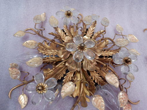1970 ′ Pair Of Ceiling Lights Or Sconces Decorated With Metal And Glass Leaves Maison Baguès Or Banci - Image 7