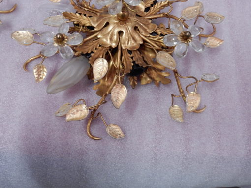 1970 ′ Pair Of Ceiling Lights Or Sconces Decorated With Metal And Glass Leaves Maison Baguès Or Banci - Image 6