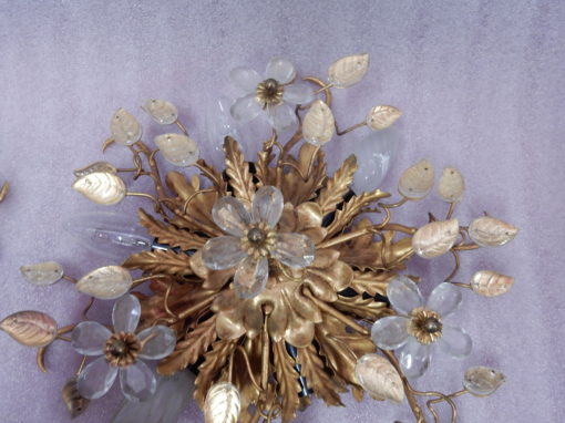 1970 ′ Pair Of Ceiling Lights Or Sconces Decorated With Metal And Glass Leaves Maison Baguès Or Banci - Image 5