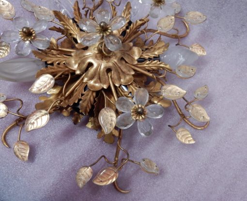 1970 ′ Pair Of Ceiling Lights Or Sconces Decorated With Metal And Glass Leaves Maison Baguès Or Banci - Image 4