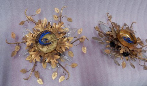 1970 ′ Pair Of Ceiling Lights Or Sconces Decorated With Metal And Glass Leaves Maison Baguès Or Banci - Image 3