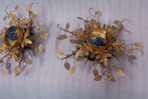 1970 ′ Pair Of Ceiling Lights Or Sconces Decorated With Metal And Glass Leaves Maison Baguès Or Banci - Image 2