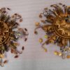 1970′Paire De  Plafonniers ou Appliques à Décor de Fleurs et Feuilles en Métal Doré Et Verre Coloré  Orange Maison Baguès Ou Banci