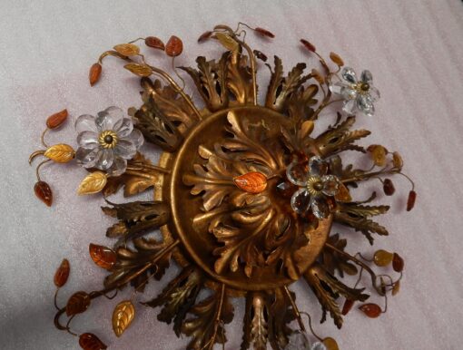 1970′Paire De  Plafonniers ou Appliques à Décor de Fleurs et Feuilles en Métal Doré Et Verre Coloré  Orange Maison Baguès Ou Banci – Image 12